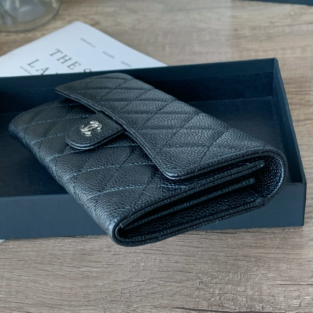 Caviar Leather Quilted Long Flap Wallet
