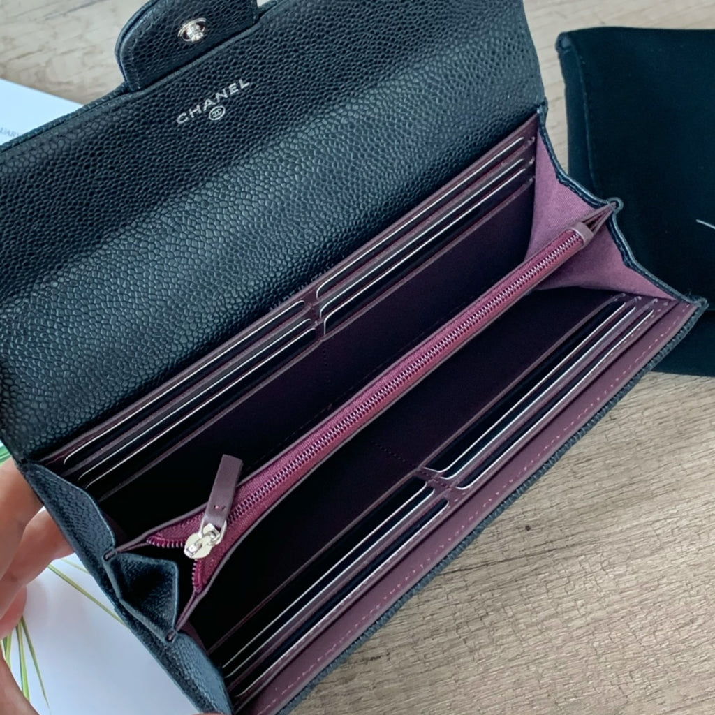 Caviar Leather Quilted Long Flap Wallet