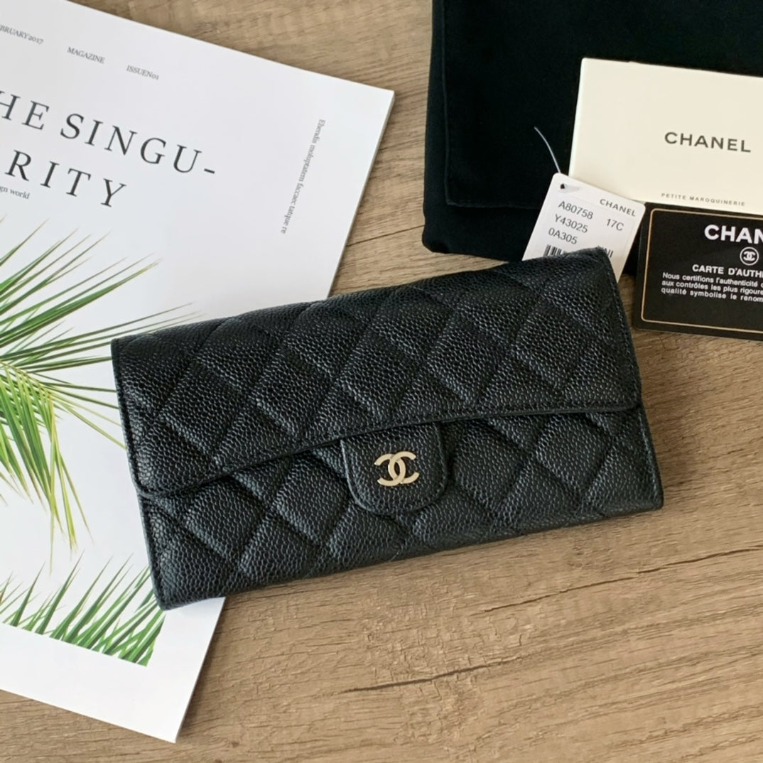 Caviar Leather Quilted Long Flap Wallet