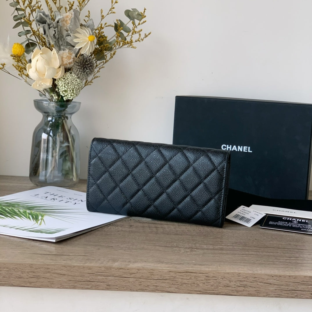Caviar Leather Quilted Long Flap Wallet
