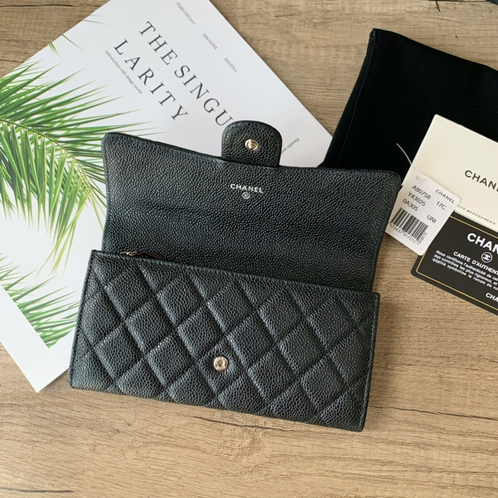 Caviar Leather Quilted Long Flap Wallet