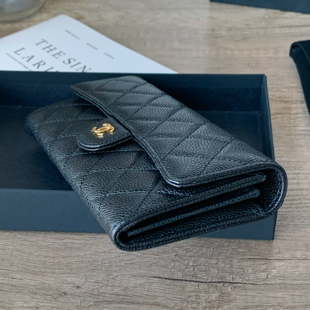 Caviar Leather Quilted Long Flap Wallet