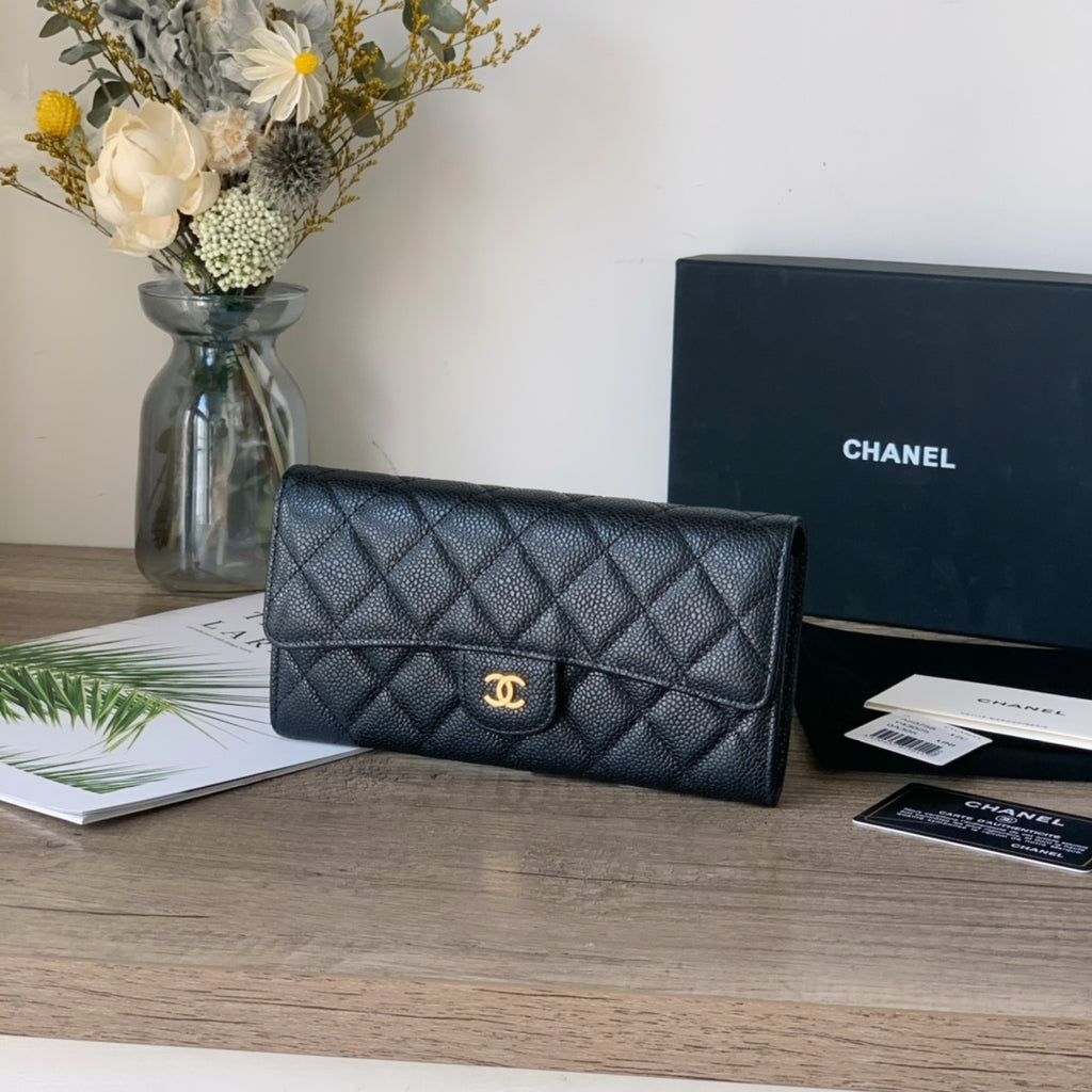 Caviar Leather Quilted Long Flap Wallet
