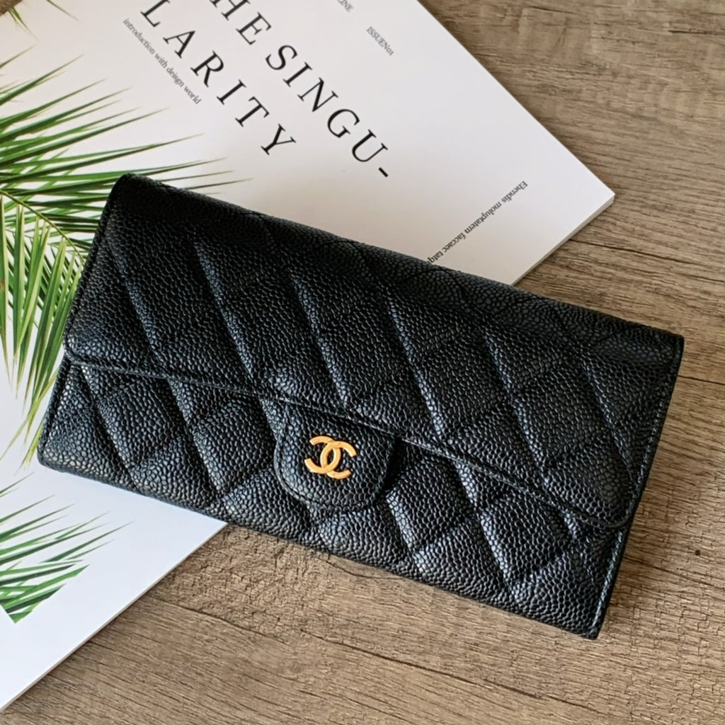 Caviar Leather Quilted Long Flap Wallet