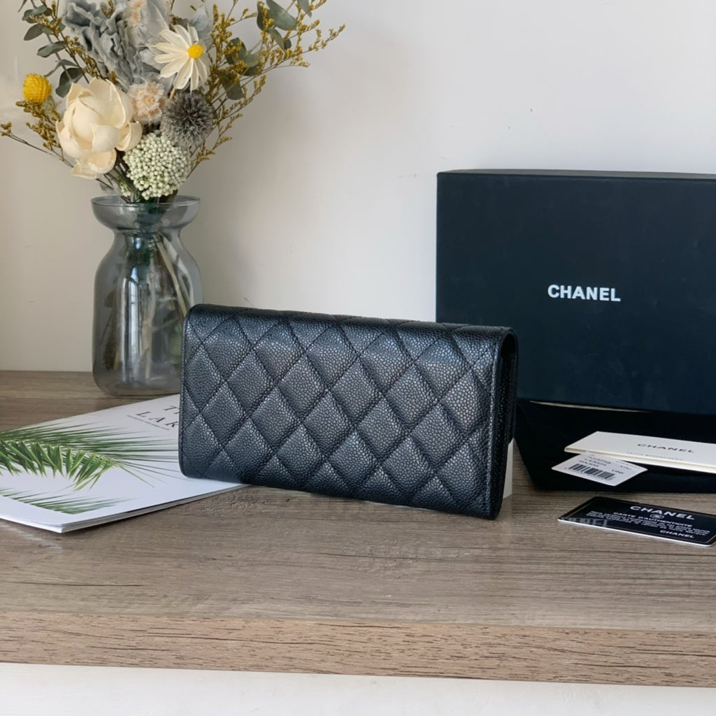Caviar Leather Quilted Long Flap Wallet