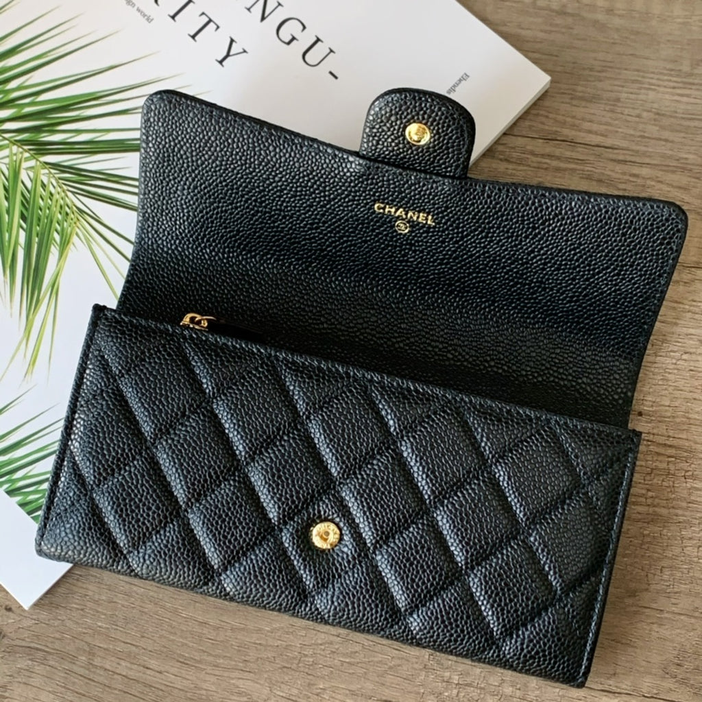 Caviar Leather Quilted Long Flap Wallet