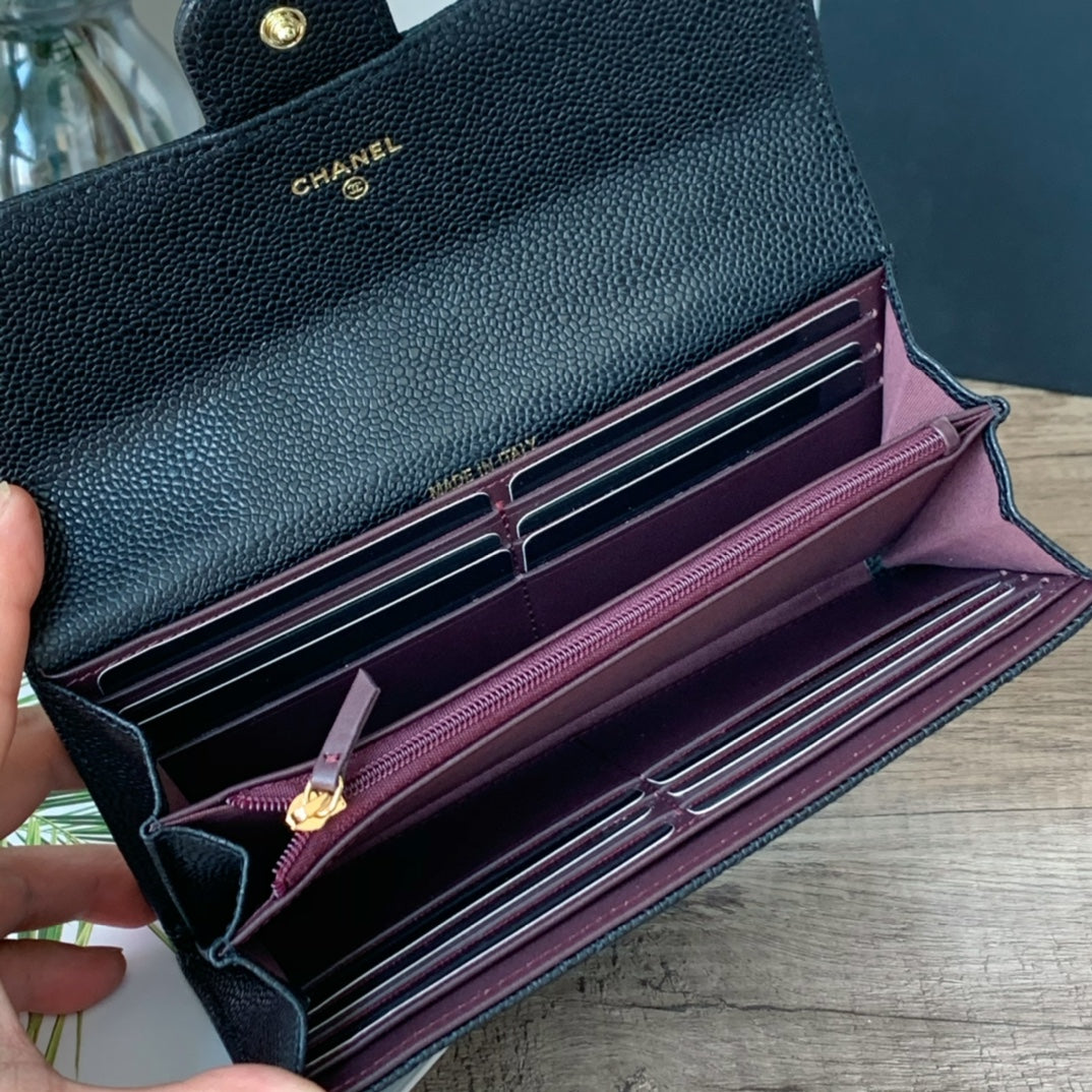 Caviar Leather Quilted Long Flap Wallet