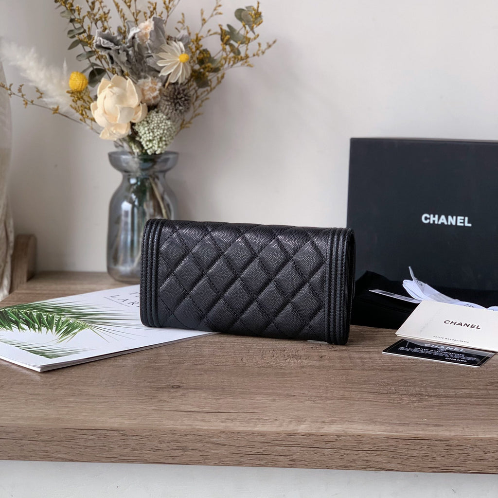 Caviar Leather Quilted Long Flap Wallet