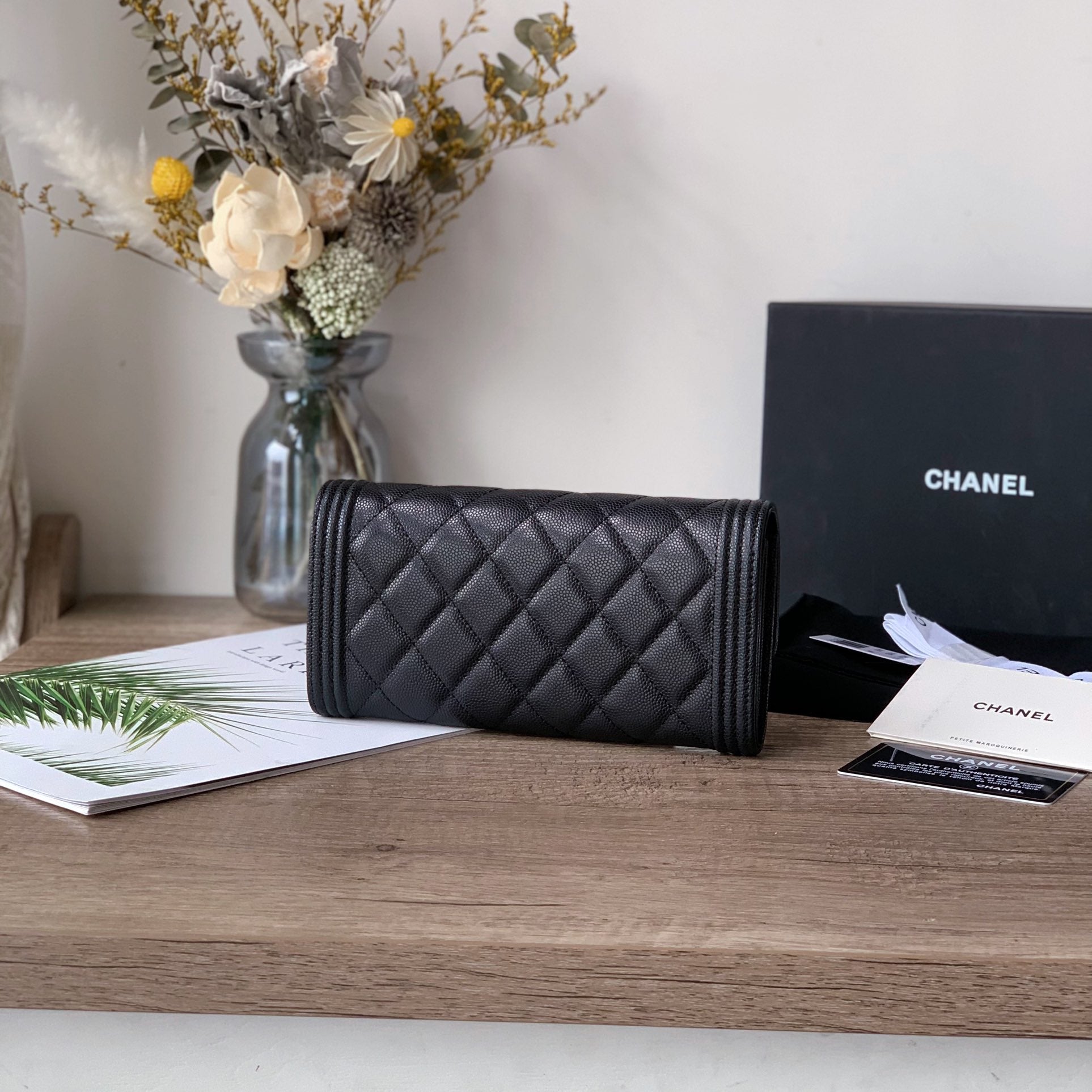 Caviar Leather Quilted Long Flap Wallet