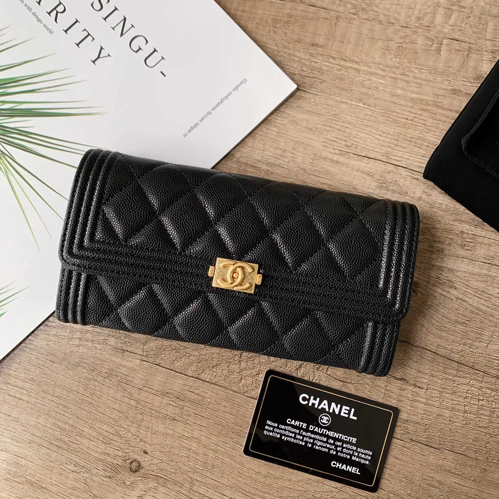 Caviar Leather Quilted Long Flap Wallet