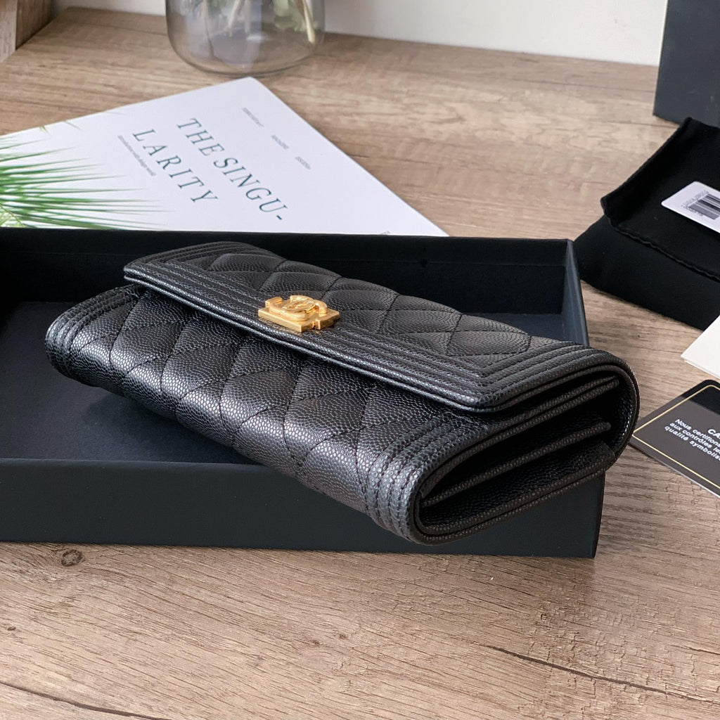 Caviar Leather Quilted Long Flap Wallet