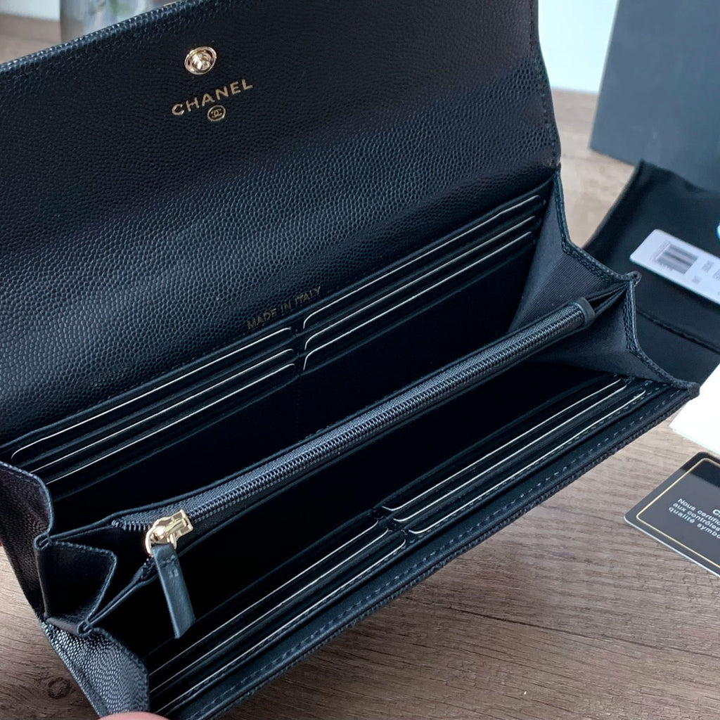 Caviar Leather Quilted Long Flap Wallet