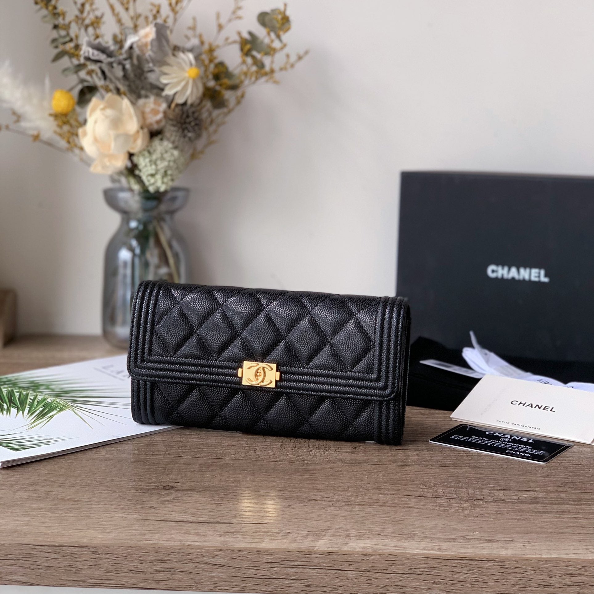 Caviar Leather Quilted Long Flap Wallet