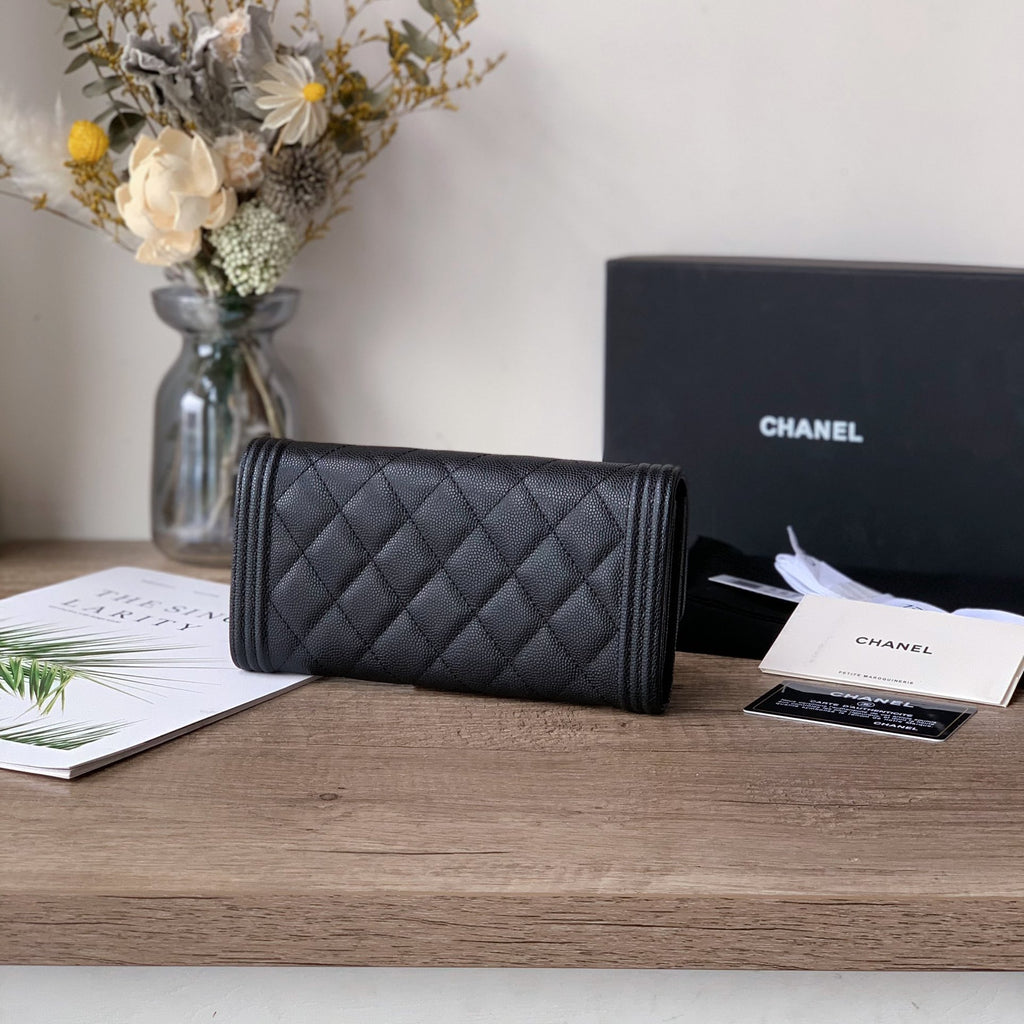 Caviar Leather Quilted Long Flap Wallet