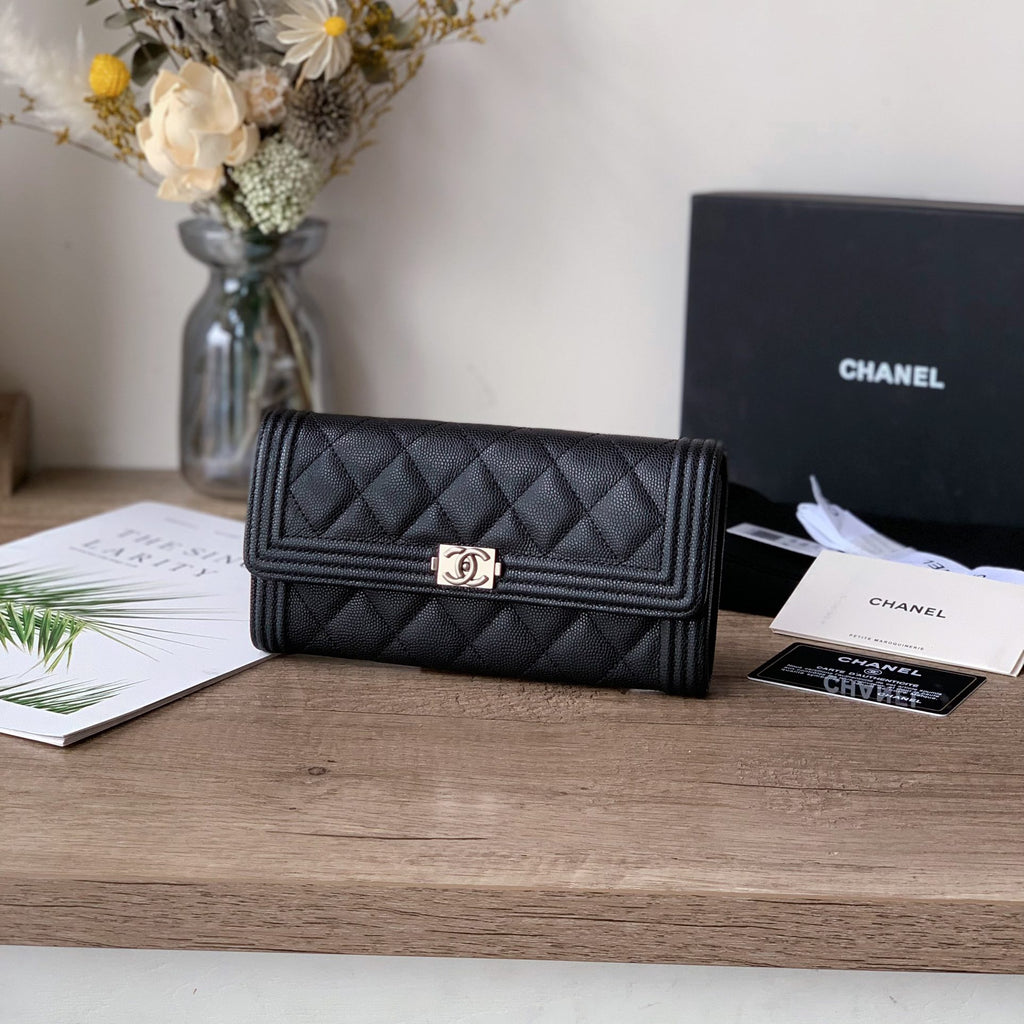 Caviar Leather Quilted Long Flap Wallet