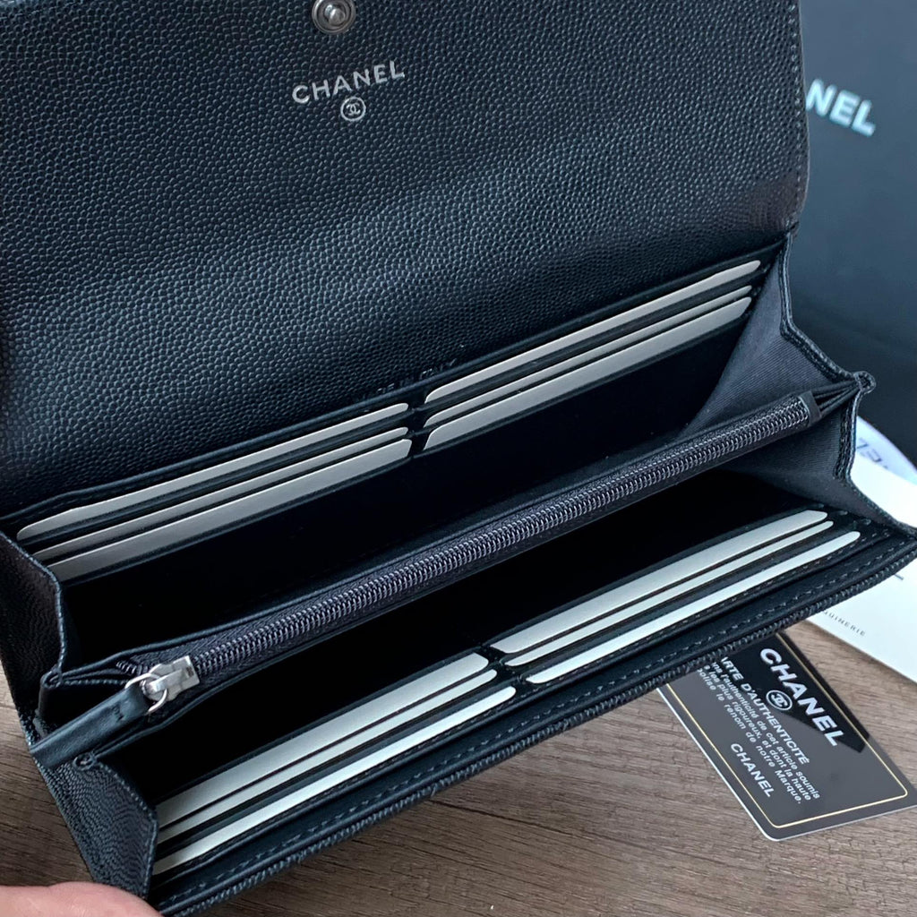 Caviar Leather Quilted Long Flap Wallet