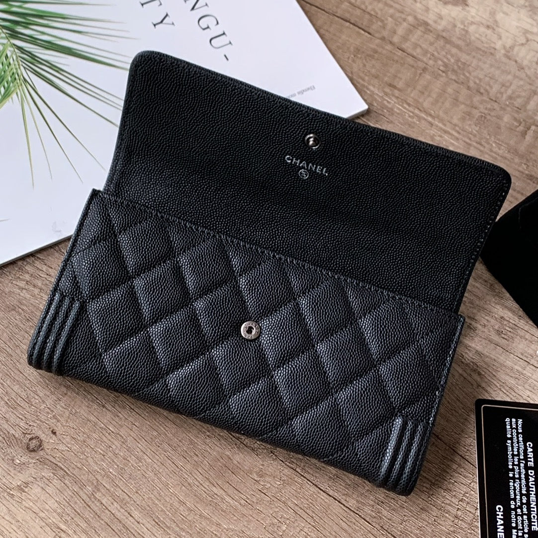 Caviar Leather Quilted Long Flap Wallet