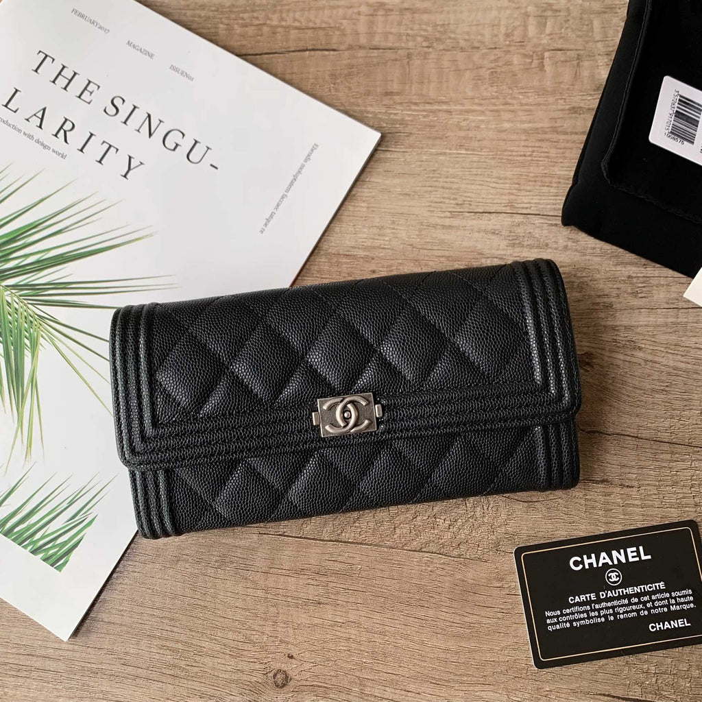 Caviar Leather Quilted Long Flap Wallet