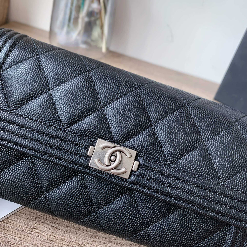 Caviar Leather Quilted Long Flap Wallet
