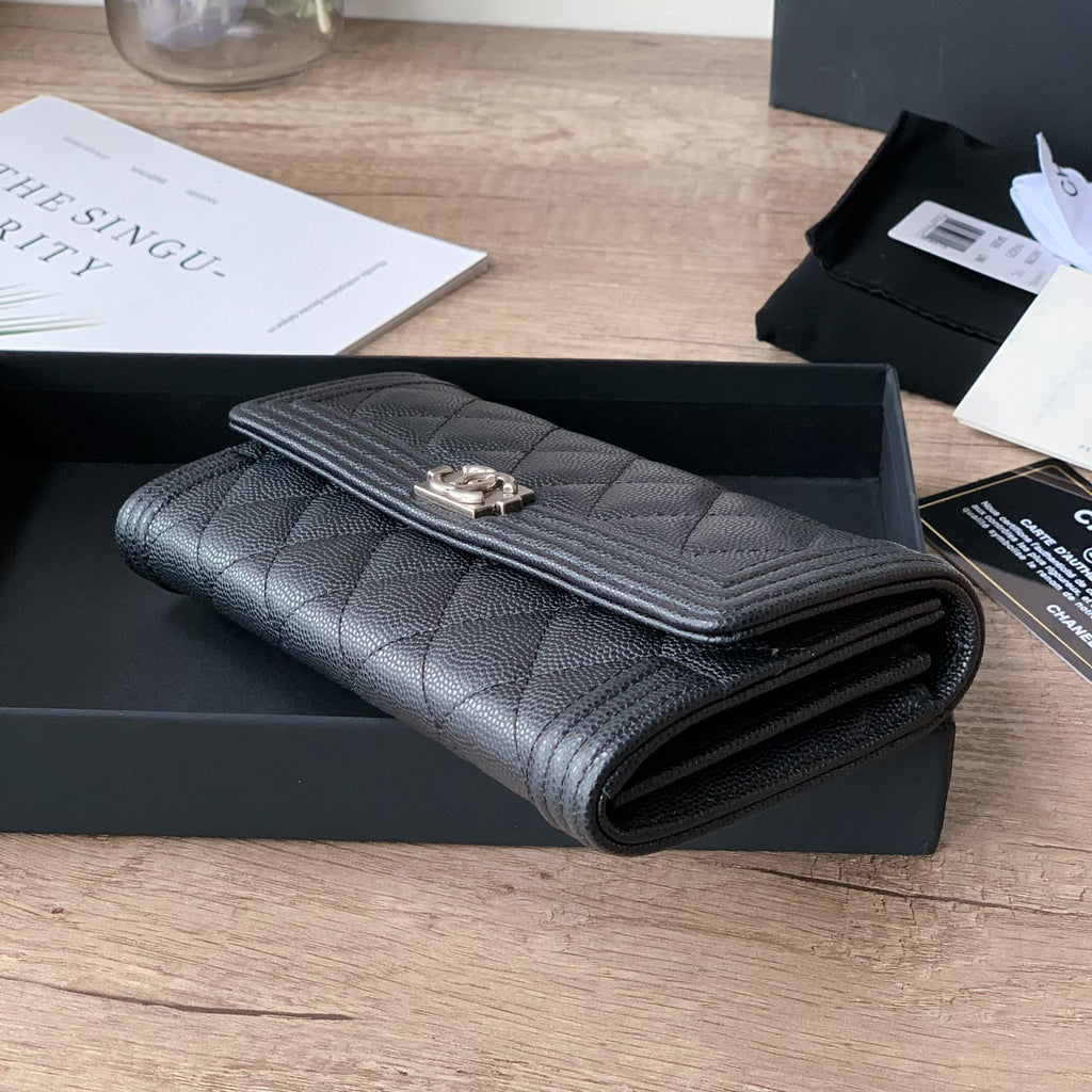 Caviar Leather Quilted Long Flap Wallet