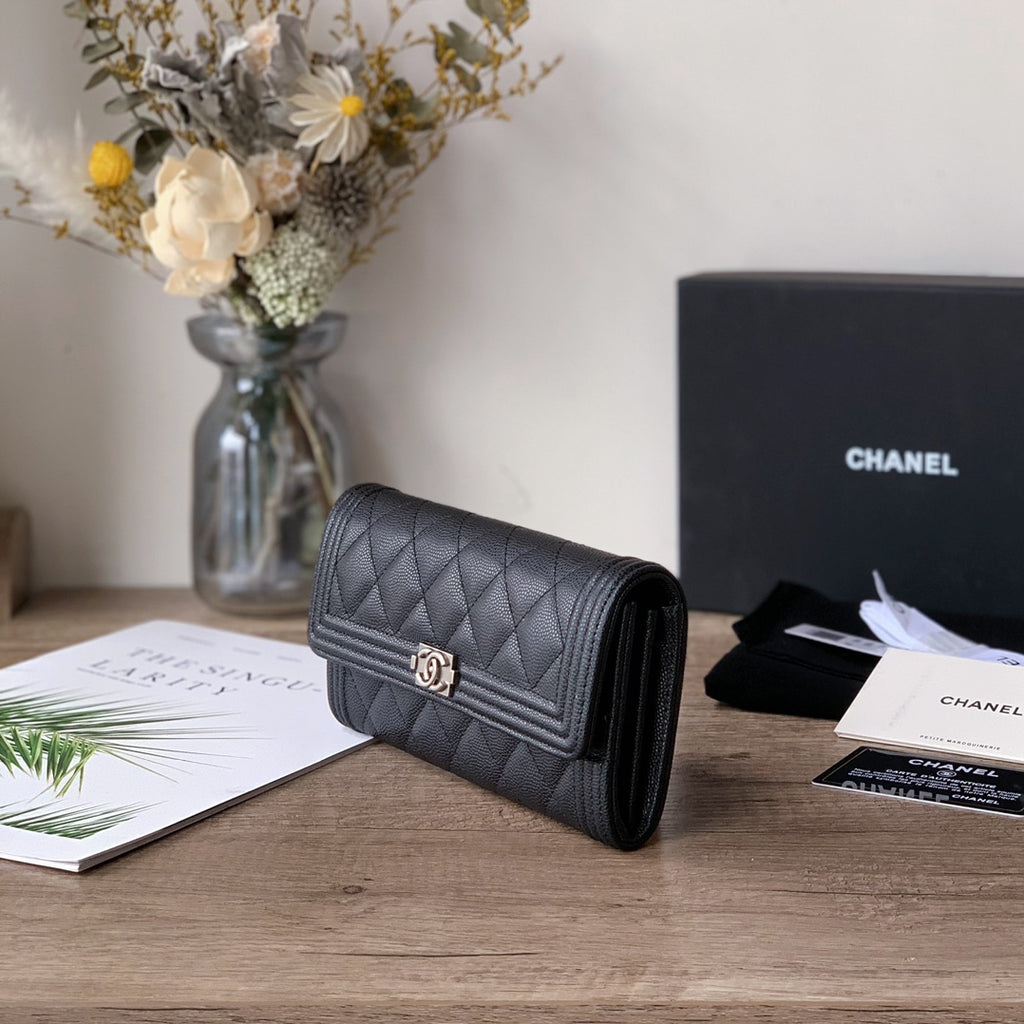 Caviar Leather Quilted Long Flap Wallet