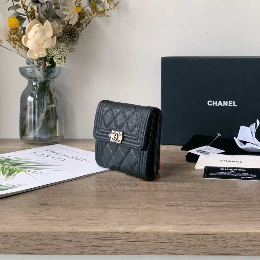 Quilted Caviar Leather Compact Flap Wallet