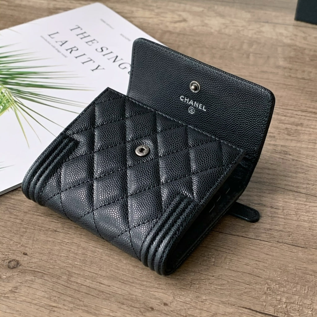 Quilted Caviar Leather Compact Flap Wallet