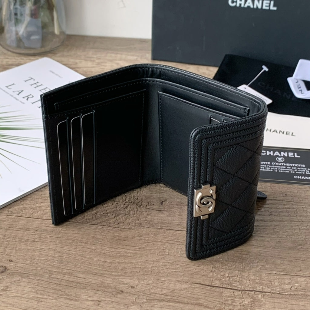 Quilted Caviar Leather Compact Flap Wallet