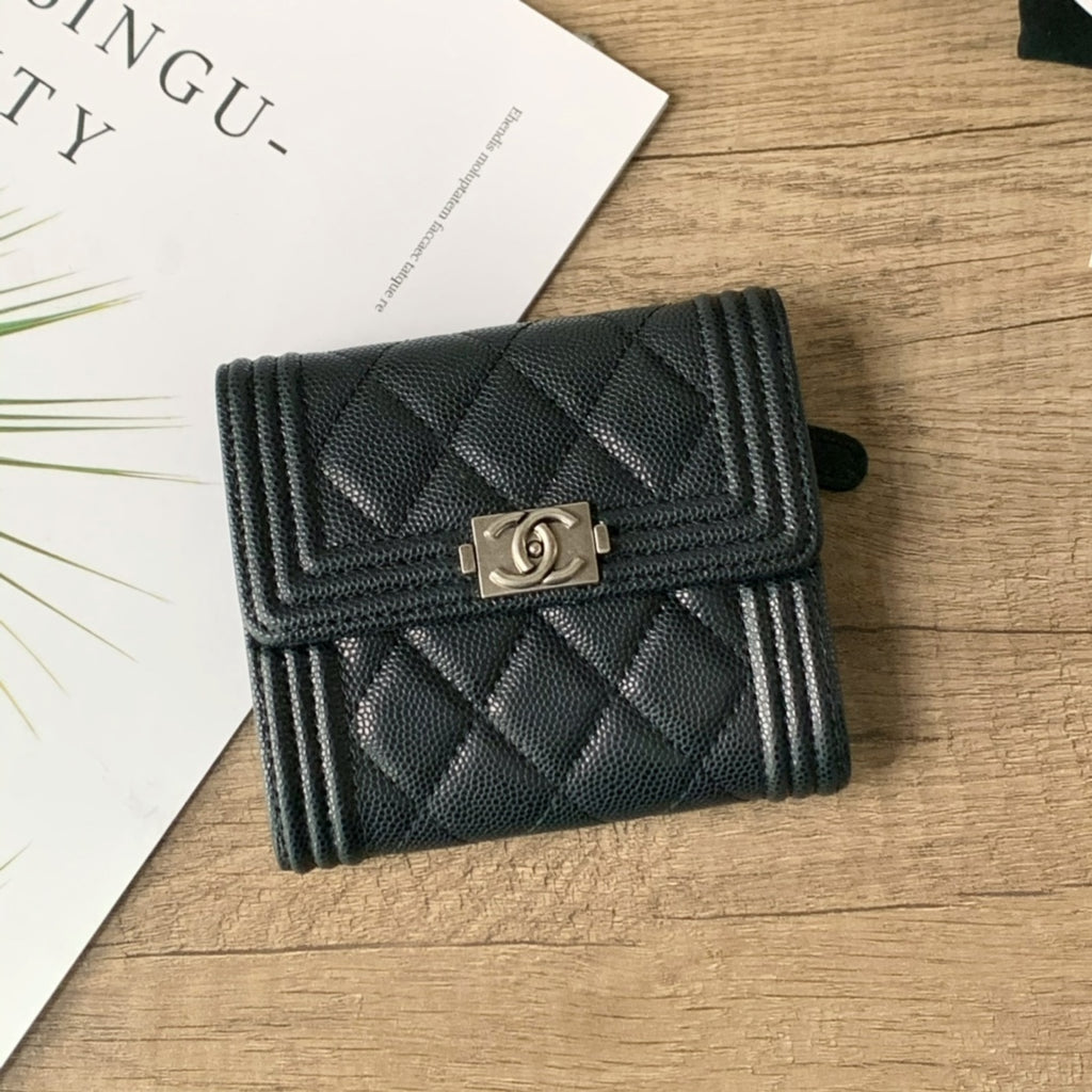 Quilted Caviar Leather Compact Flap Wallet