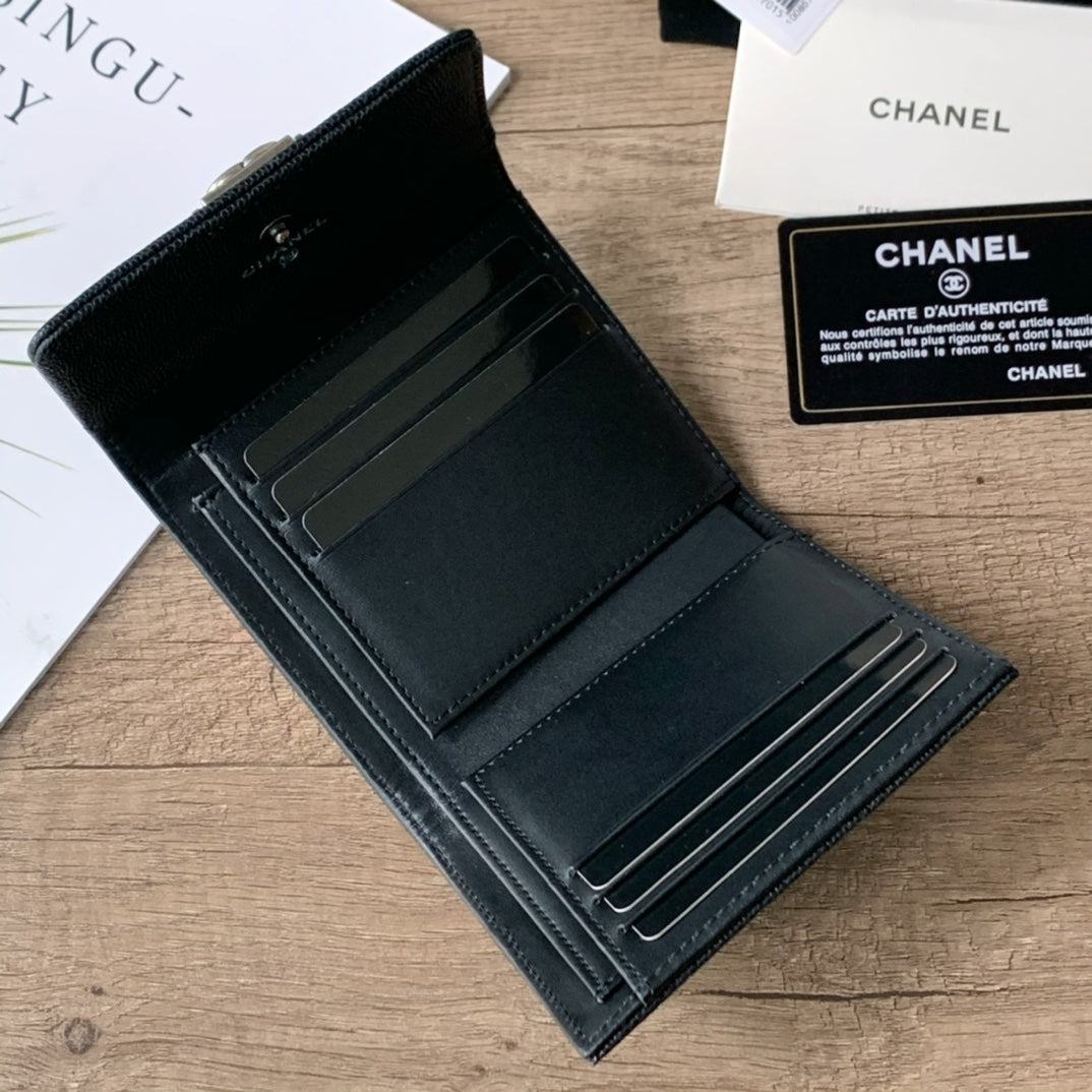 Quilted Caviar Leather Compact Flap Wallet