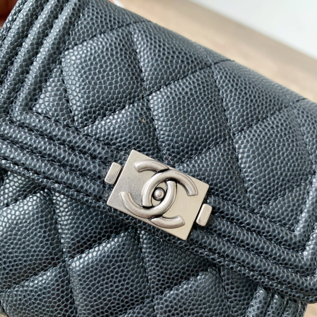 Quilted Caviar Leather Compact Flap Wallet