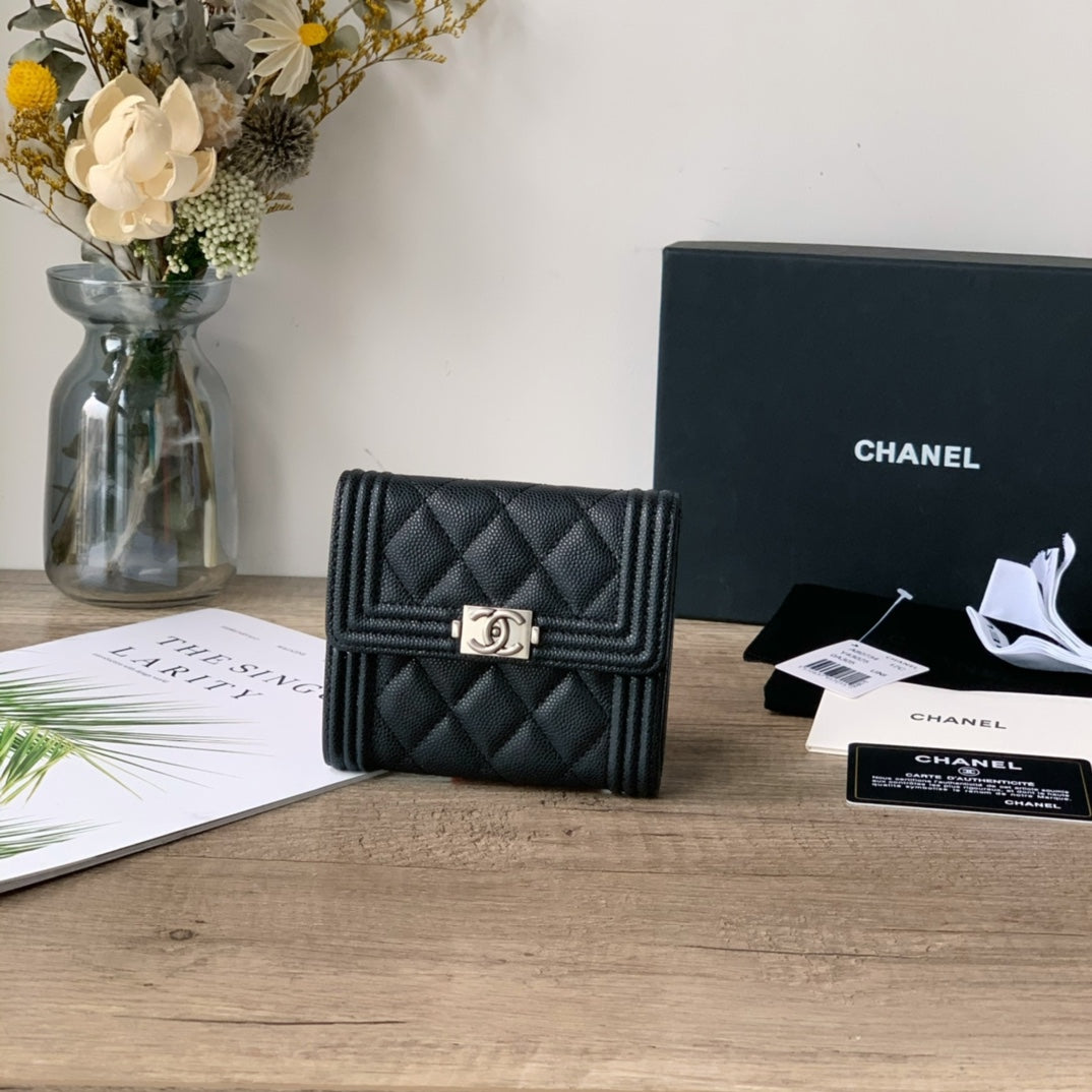 Quilted Caviar Leather Compact Flap Wallet