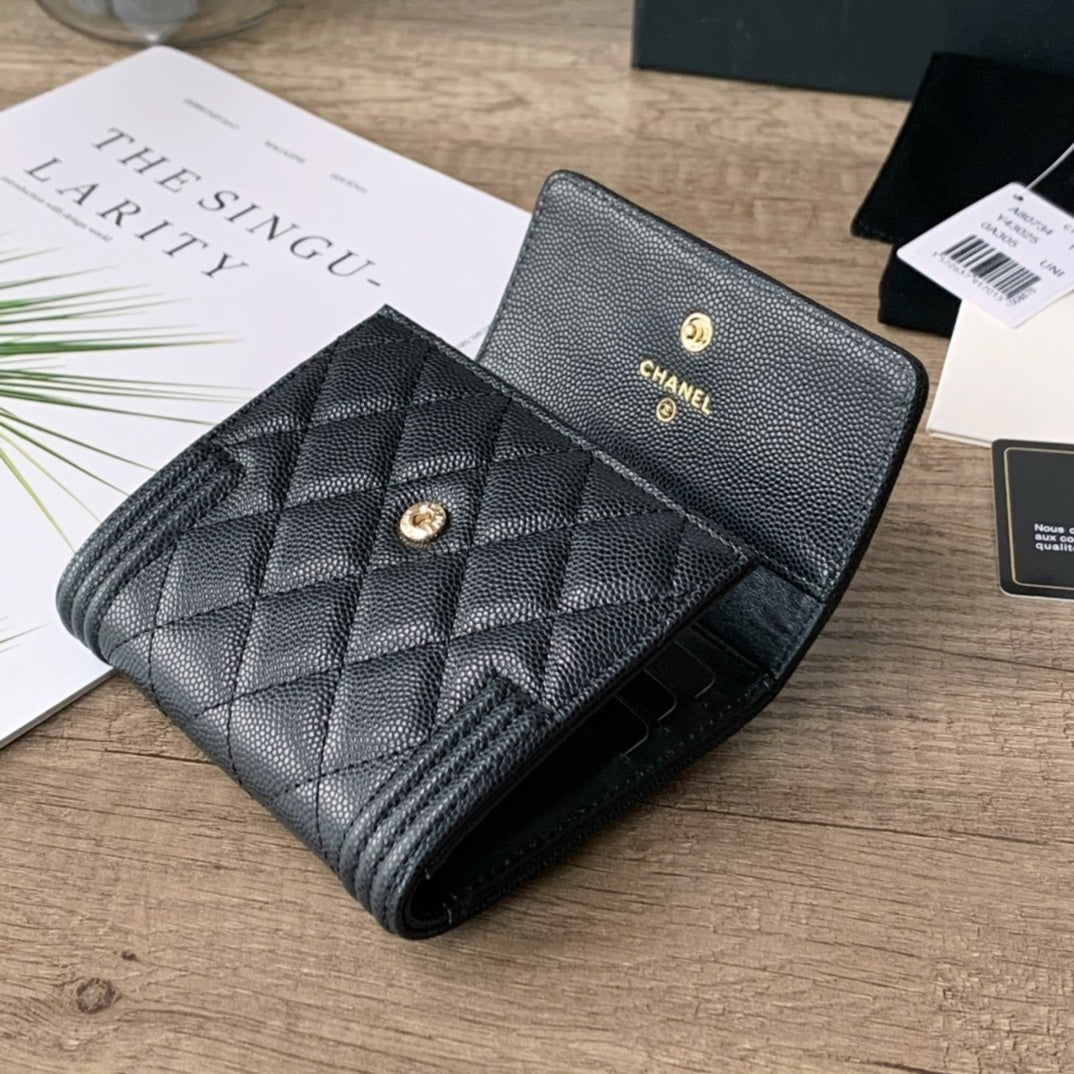 Quilted Caviar Leather Compact Flap Wallet