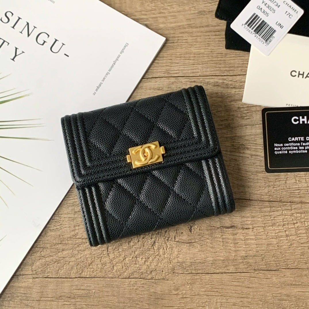 Quilted Caviar Leather Compact Flap Wallet