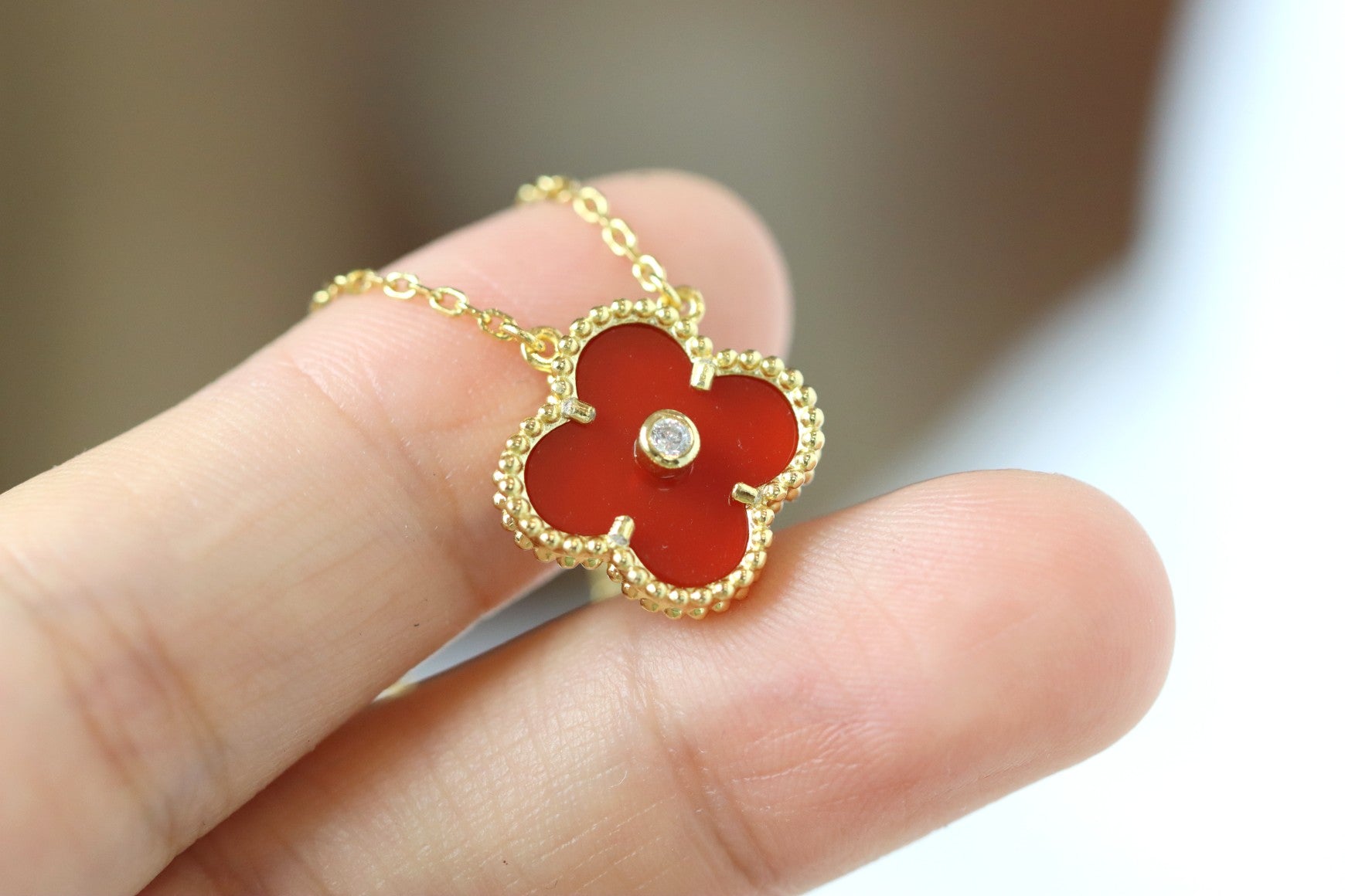 Alhambra Red Carnelian Clover Necklace with Center Stone
