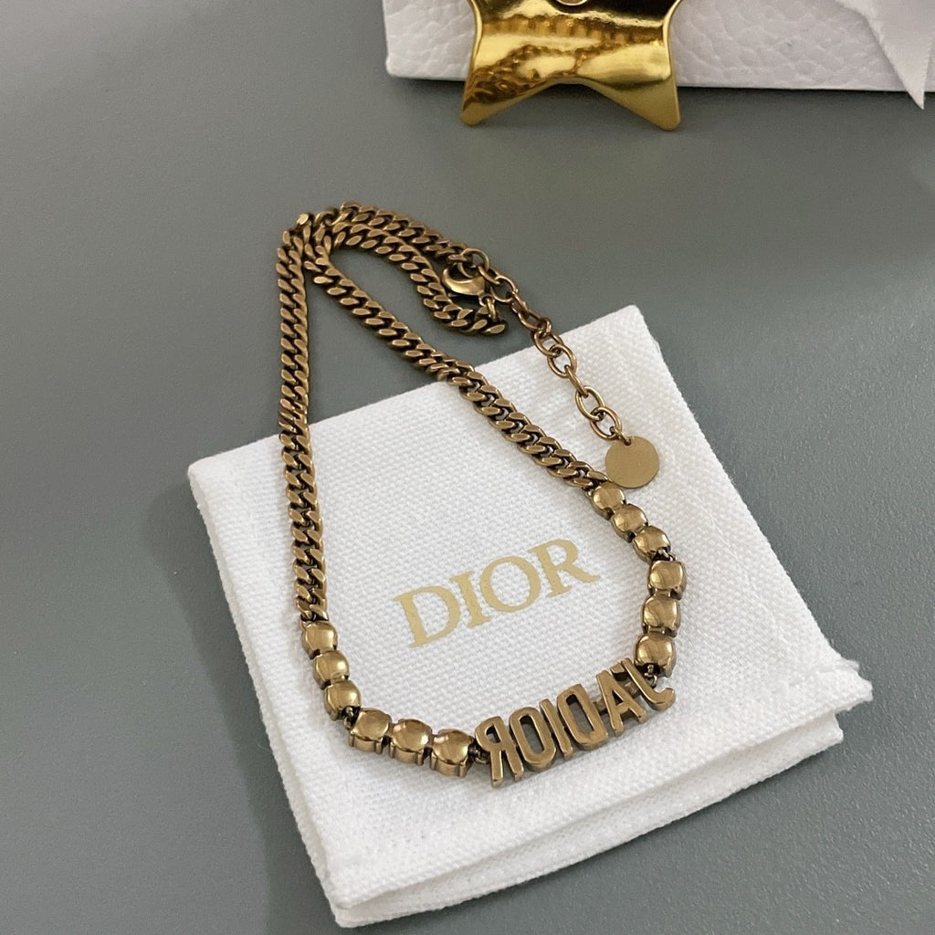 J’ADIOR Crystal Chain Necklace – Antique Gold Finish