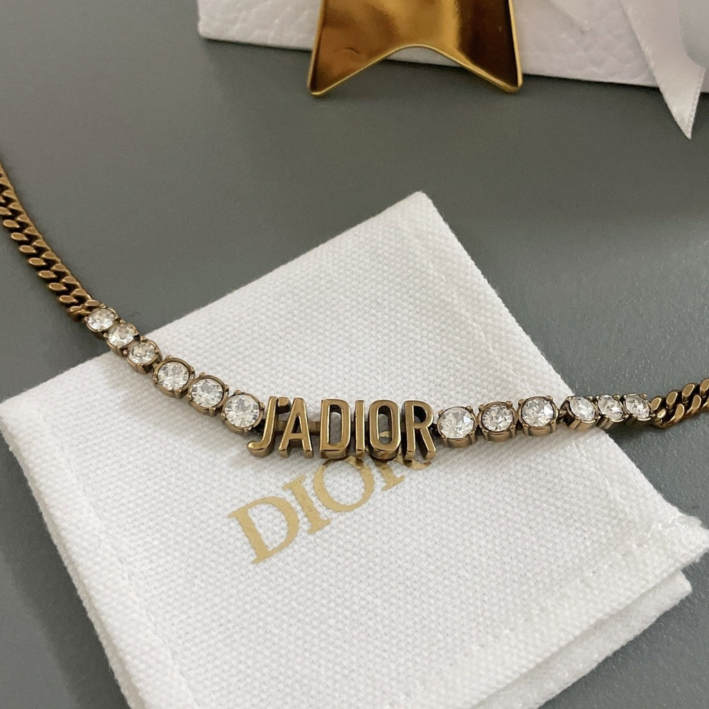 J’ADIOR Crystal Chain Necklace – Antique Gold Finish