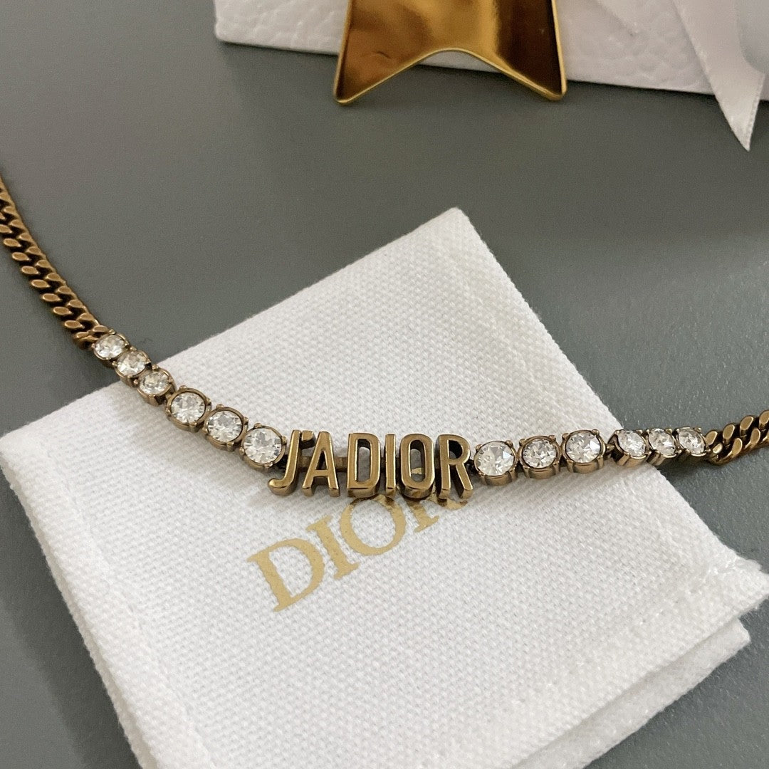 J’ADIOR Crystal Chain Necklace – Antique Gold Finish