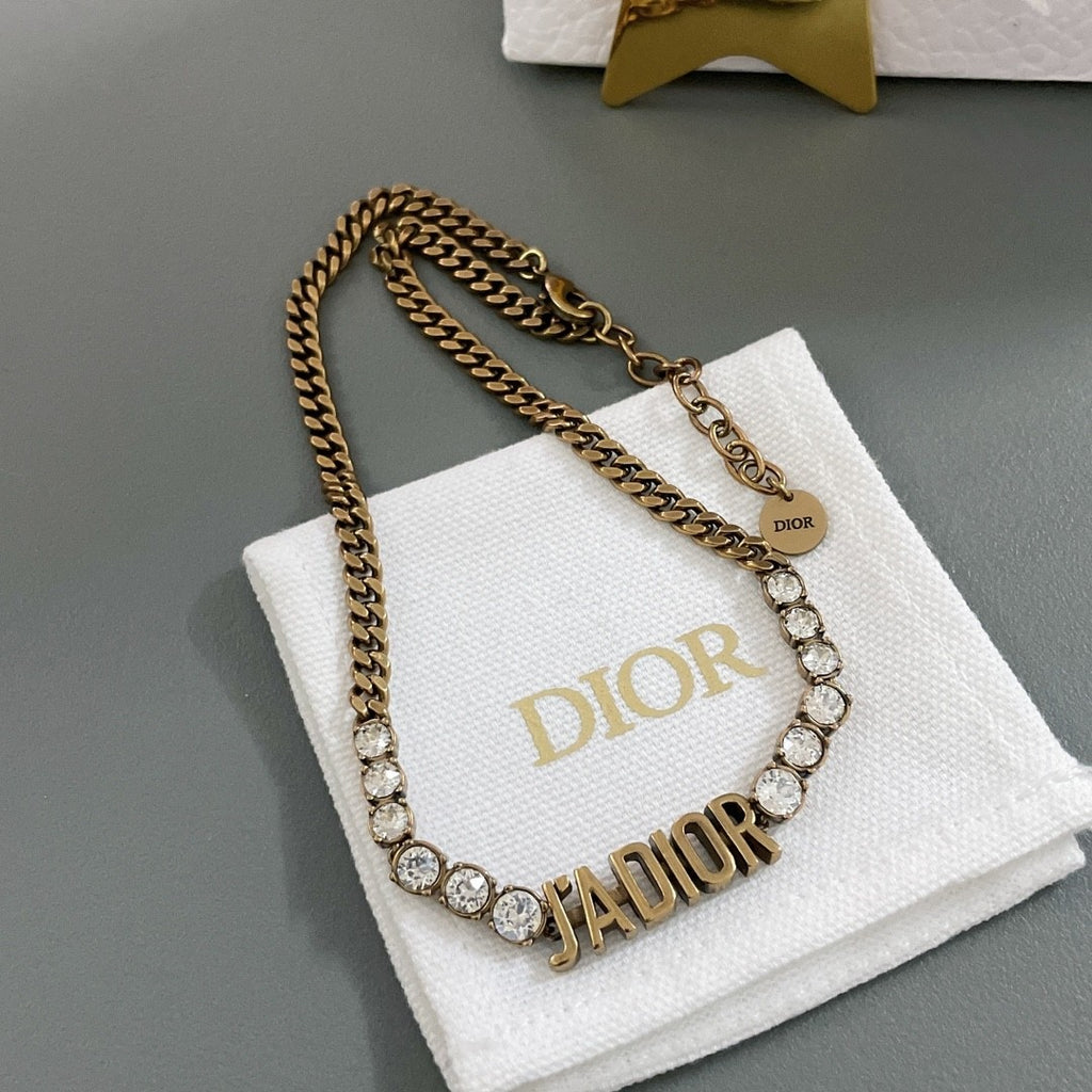 J’ADIOR Crystal Chain Necklace – Antique Gold Finish