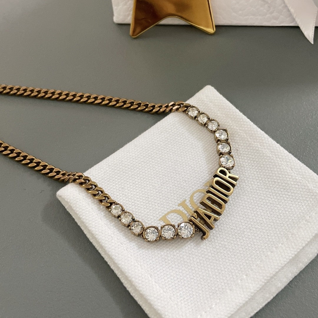 J’ADIOR Crystal Chain Necklace – Antique Gold Finish
