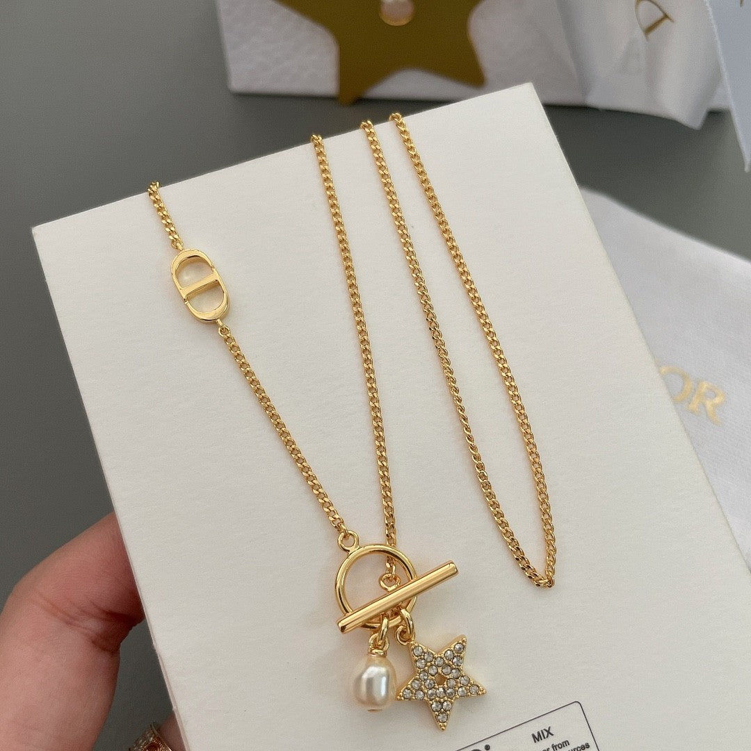 Star Bracelet with Pearl & Crystal Charm in Gold Finish