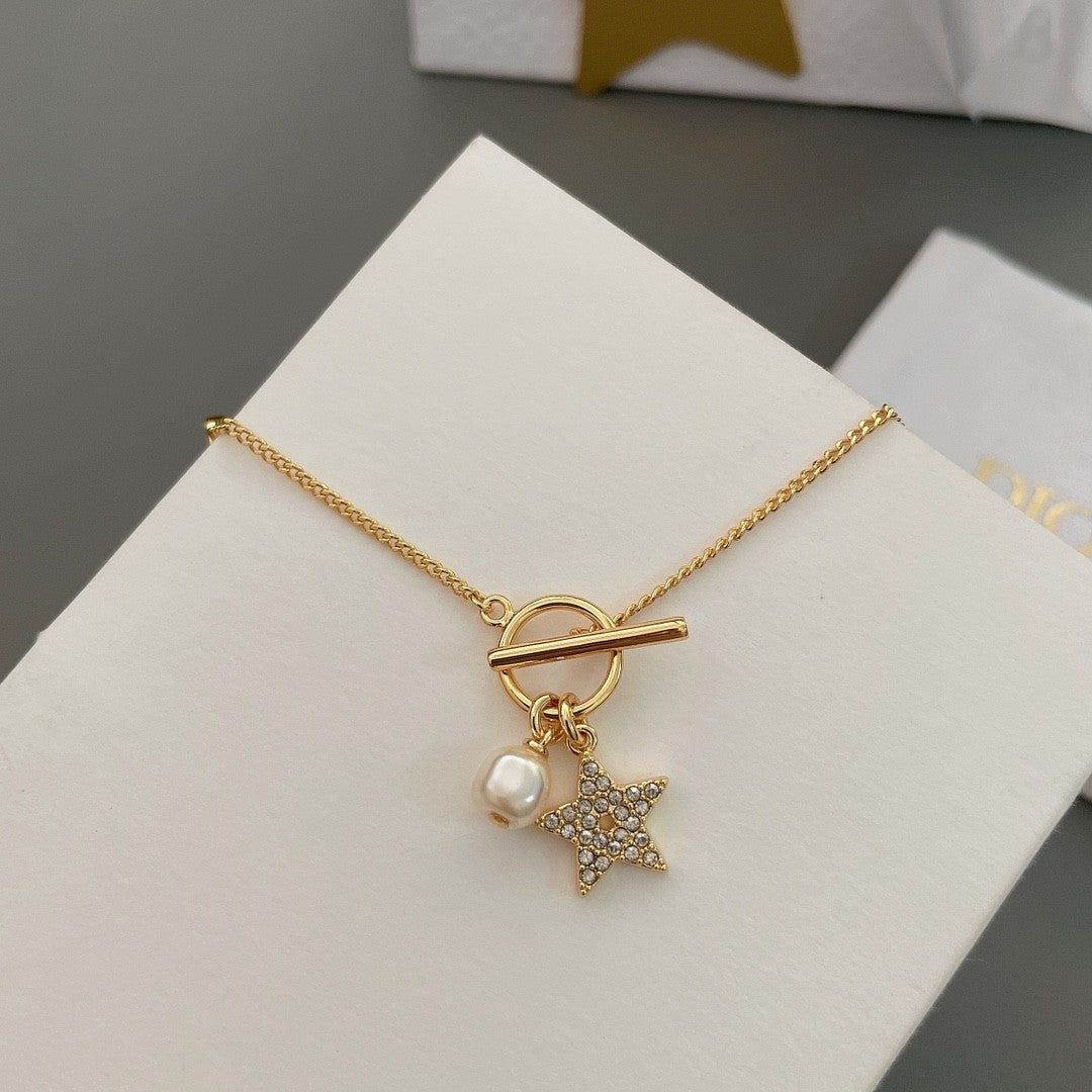 Star Bracelet with Pearl & Crystal Charm in Gold Finish