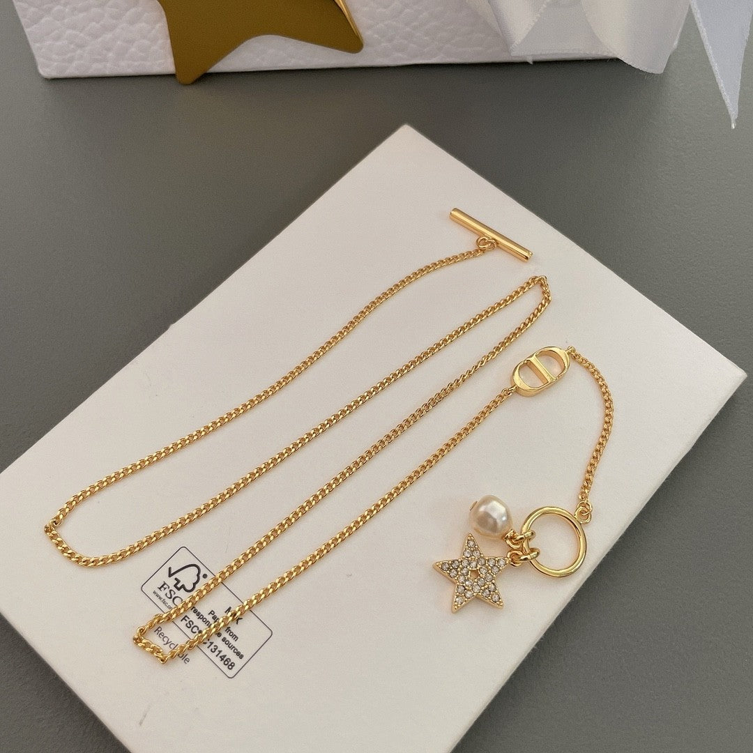 Star Bracelet with Pearl & Crystal Charm in Gold Finish