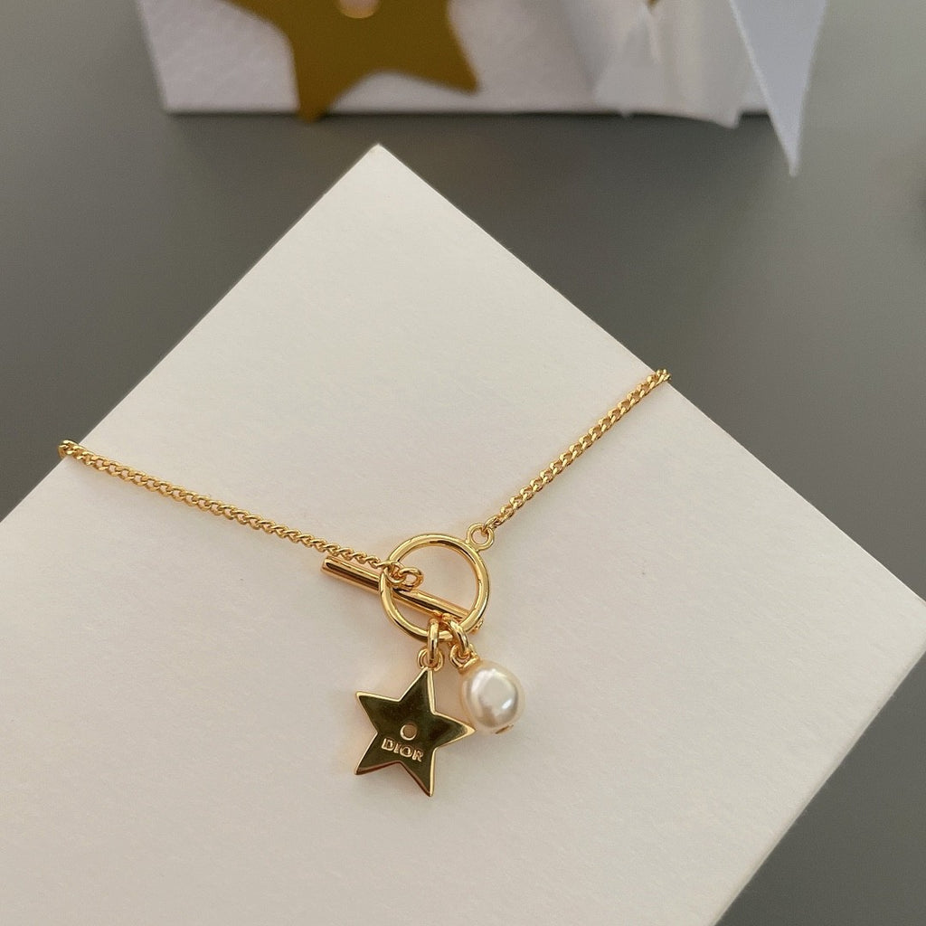 Star Bracelet with Pearl & Crystal Charm in Gold Finish