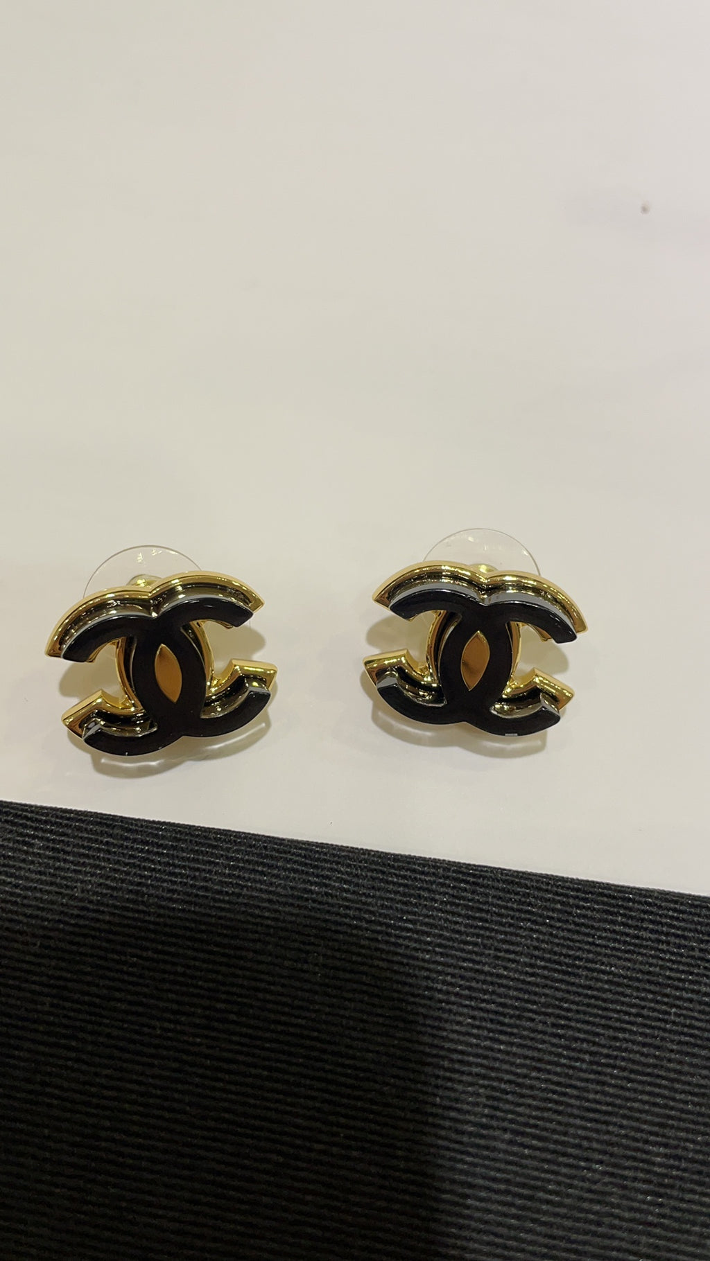 Black Enamel CC Logo Stud Earrings