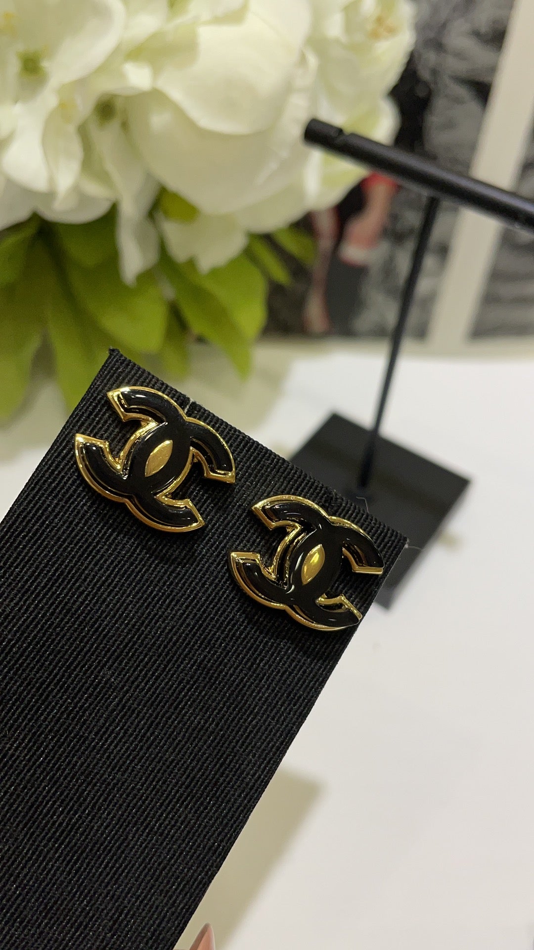 Black Enamel CC Logo Stud Earrings