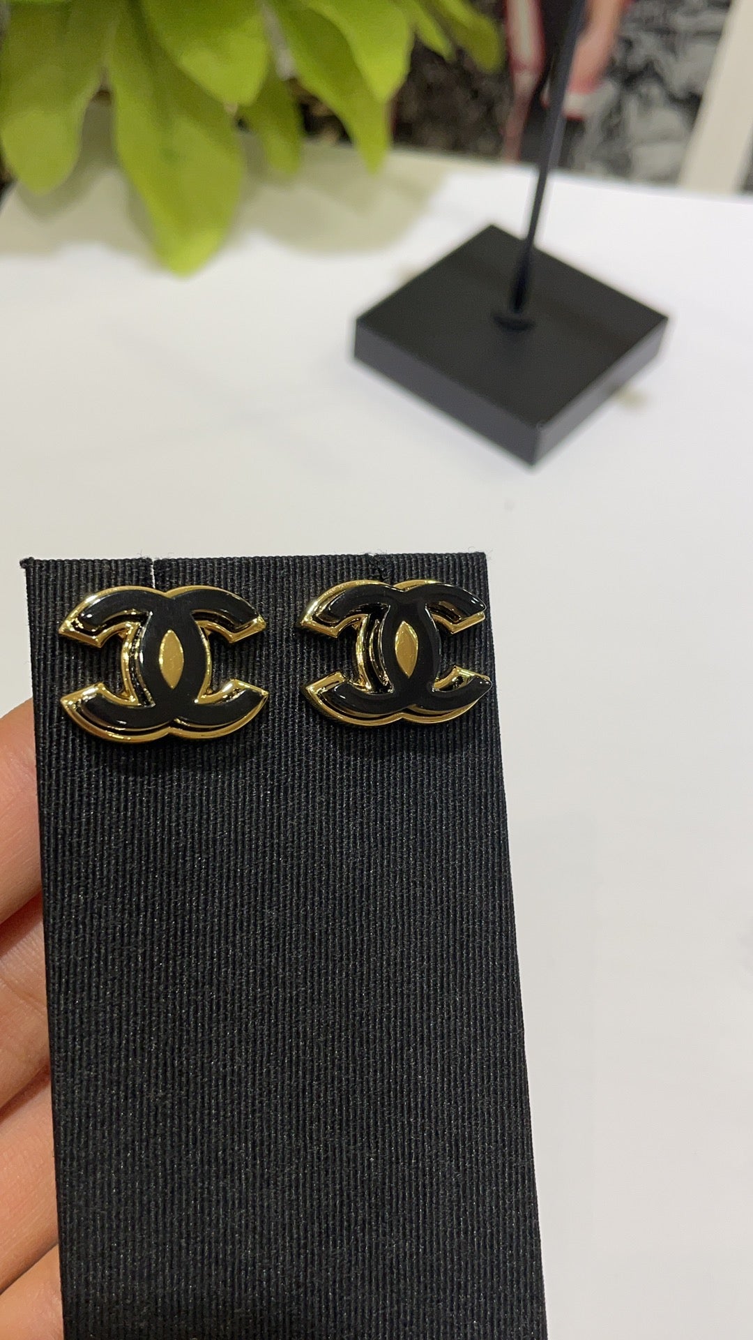 Black Enamel CC Logo Stud Earrings