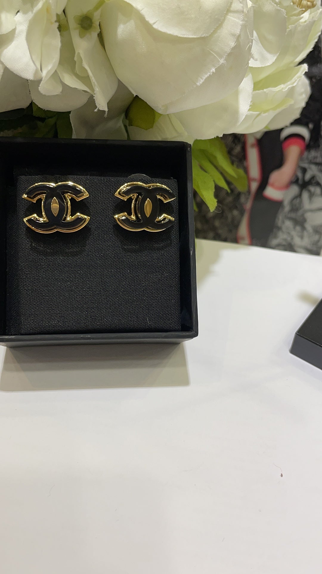 Black Enamel CC Logo Stud Earrings