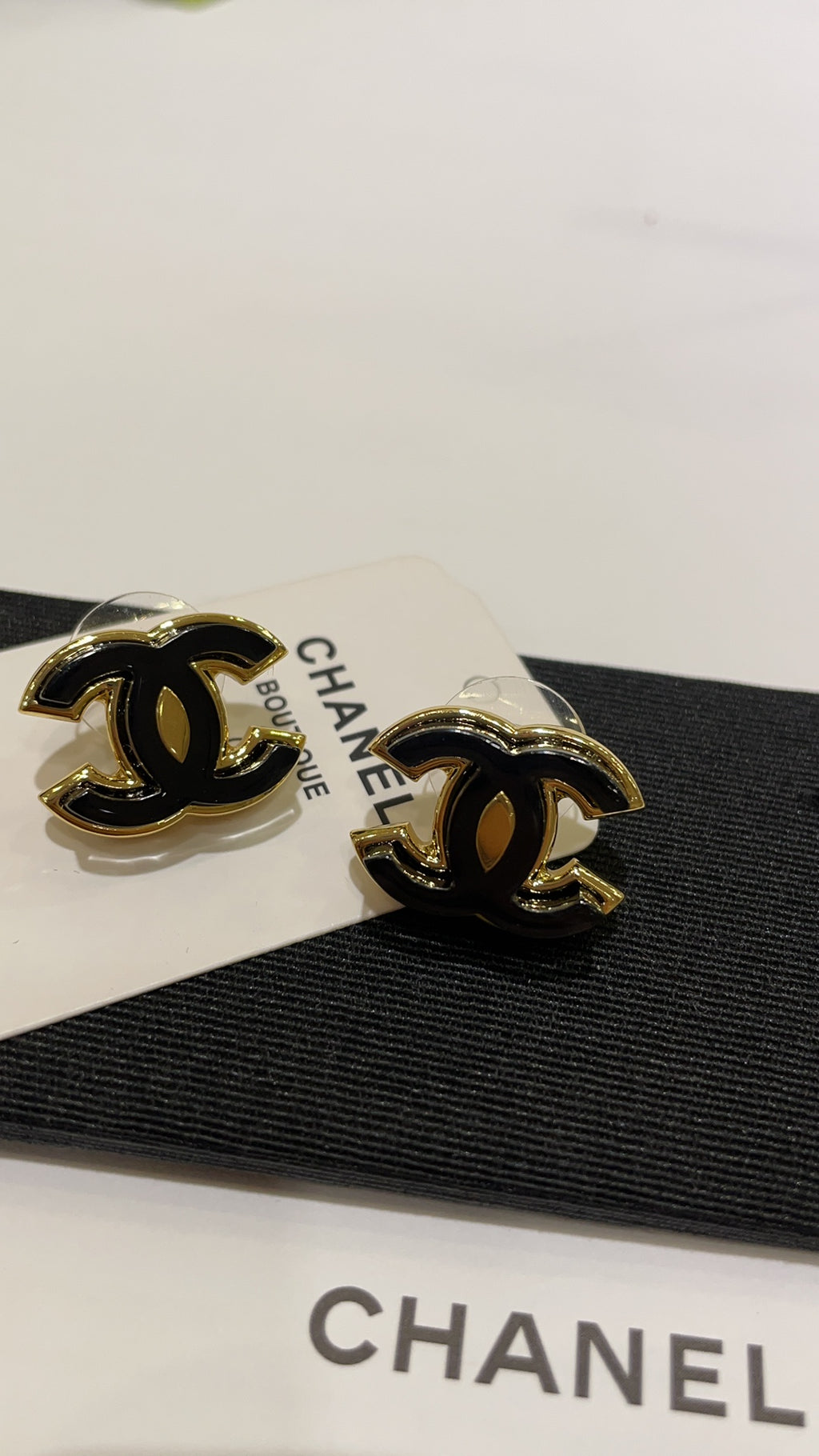 Black Enamel CC Logo Stud Earrings