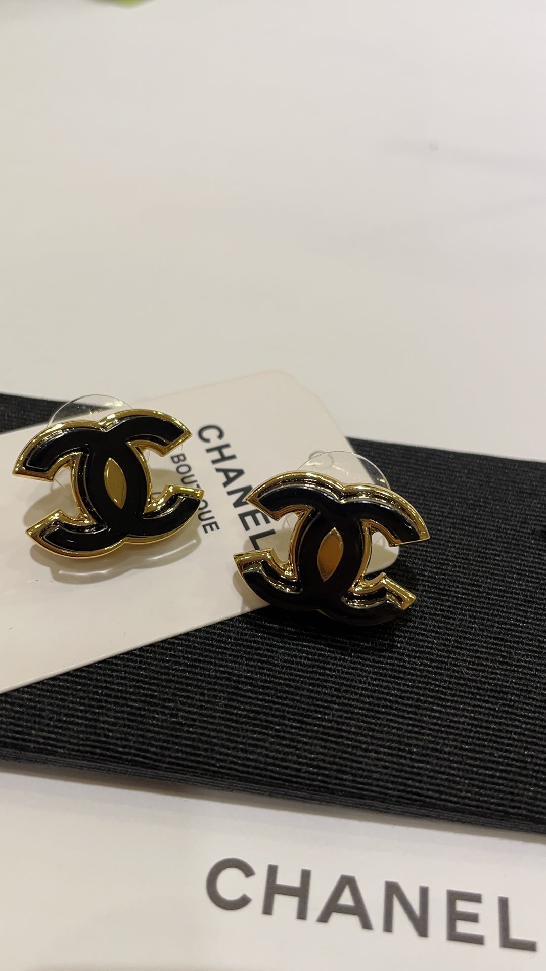 Black Enamel CC Logo Stud Earrings